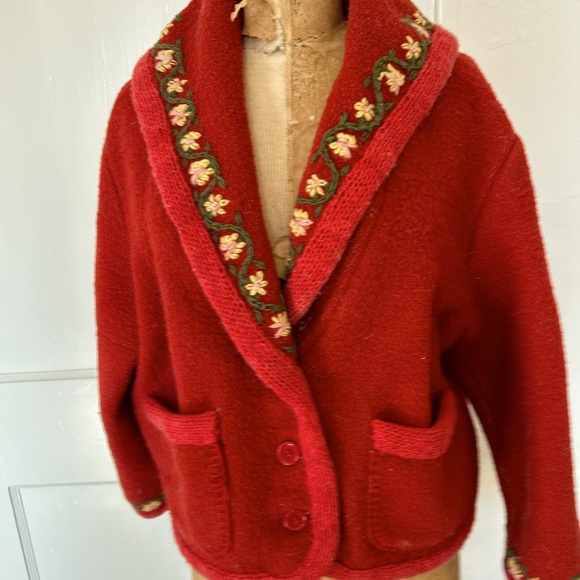 Vintage 80’s wool shawl collared jacket with crewel embroidery & blanket stitch - Picture 2 of 14